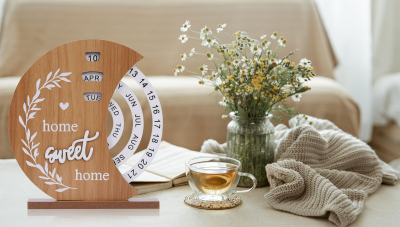 Wooden Perpetual Desk Calendar with Rotating Discs – Home Sweet Home - Greenora Living