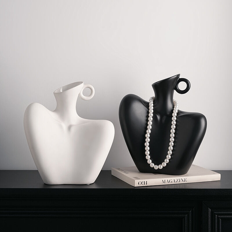 Wabi-Sabi Human Form Ceramic Vase Set – Matte Black & White Set of 2 - Greenora Living