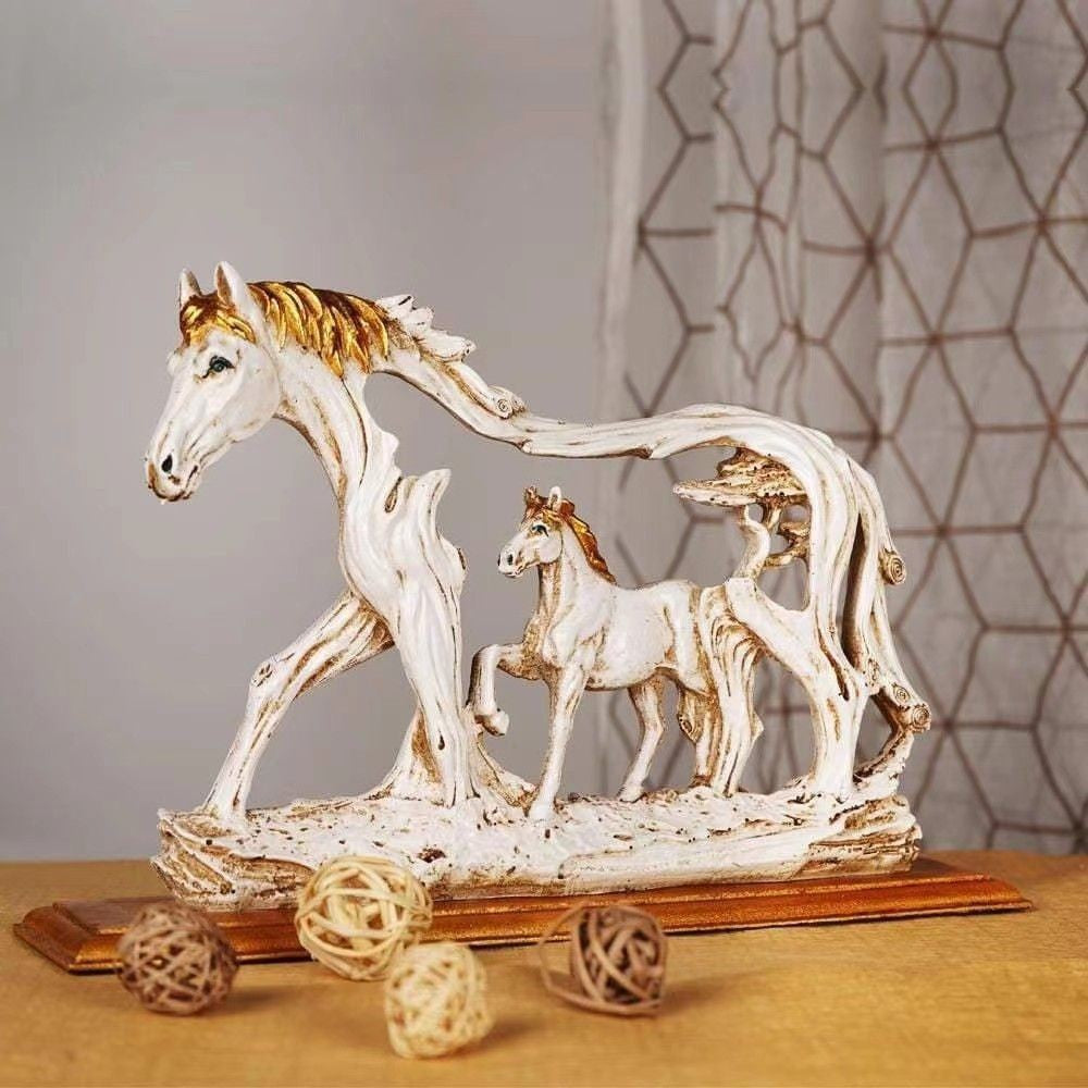 White Horse &amp; Foal Resin Figurine – Home &amp; Office Decor 16cm - Greenora Living