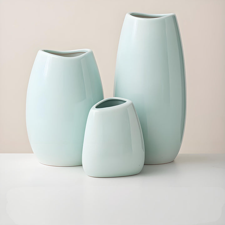 Minimalist Ceramic Vase Set – Curved-Mouth Silhouette Blue Set of 3 - Greenora Living