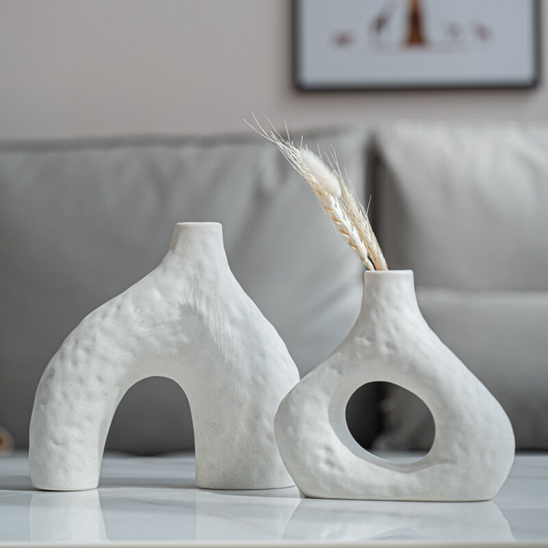 Minimalist Speckled Ceramic Vase Set – White Set of 2 Arched & Round-Mouth - Greenora Living