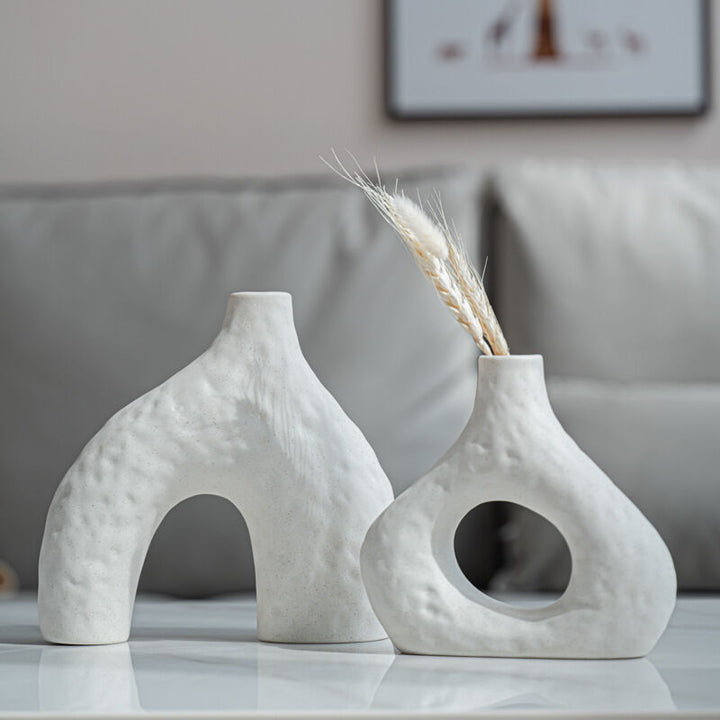 Minimalist Speckled Ceramic Vase Set – White Set of 2 Arched &amp; Round-Mouth - Greenora Living