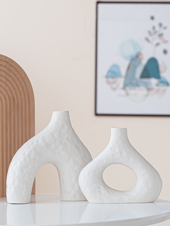 Minimalist Speckled Ceramic Vase Set – White Set of 2 Arched &amp; Round-Mouth - Greenora Living