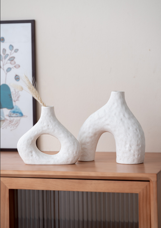 Minimalist Speckled Ceramic Vase Set – White Set of 2 Arched &amp; Round-Mouth - Greenora Living