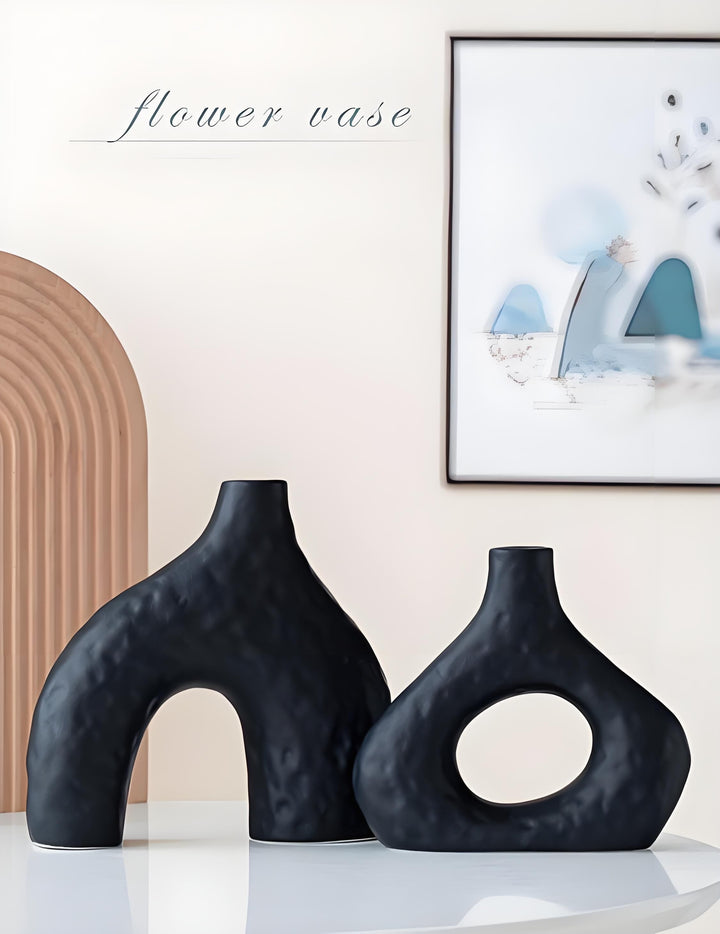 Minimalist Speckled Ceramic Vase Set – Black Set of 2 Arched &amp; Round-Mouth - Greenora Living