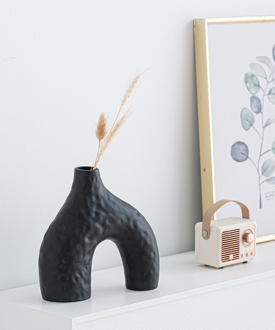 Minimalist Speckled Ceramic Vase Set – Black Set of 2 Arched &amp; Round-Mouth - Greenora Living