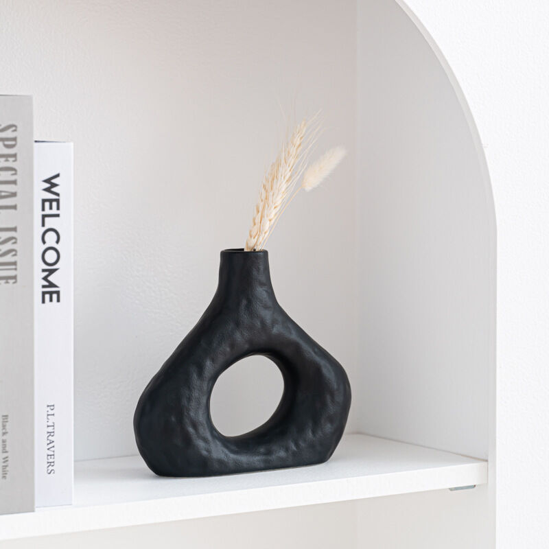 Minimalist Speckled Ceramic Vase Set – Black Set of 2 Arched &amp; Round-Mouth - Greenora Living