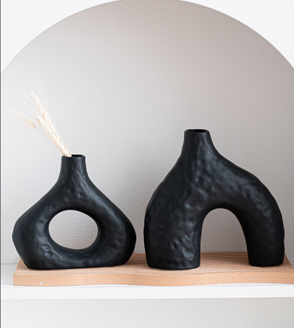 Minimalist Speckled Ceramic Vase Set – Black Set of 2 Arched &amp; Round-Mouth - Greenora Living