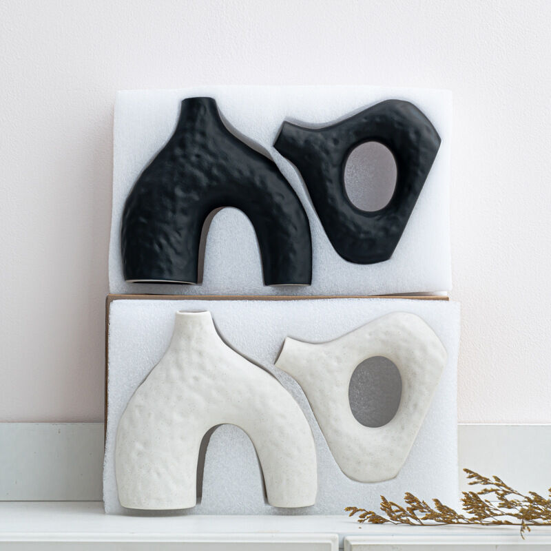 Minimalist Speckled Ceramic Vase Set – Black Set of 2 Arched &amp; Round-Mouth - Greenora Living