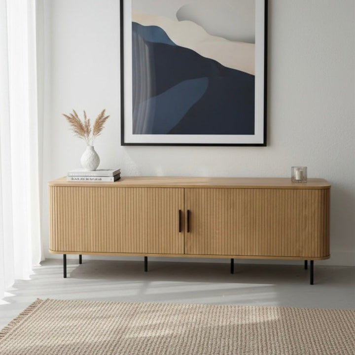 Tambour Oak 180cm TV Entertainment Unit – Tambour Doors &amp; Fluted Detail | Natural Oak - Greenora Living