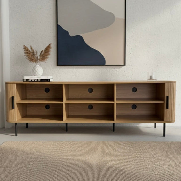 Tambour Oak 180cm TV Entertainment Unit – Tambour Doors &amp; Fluted Detail | Natural Oak - Greenora Living