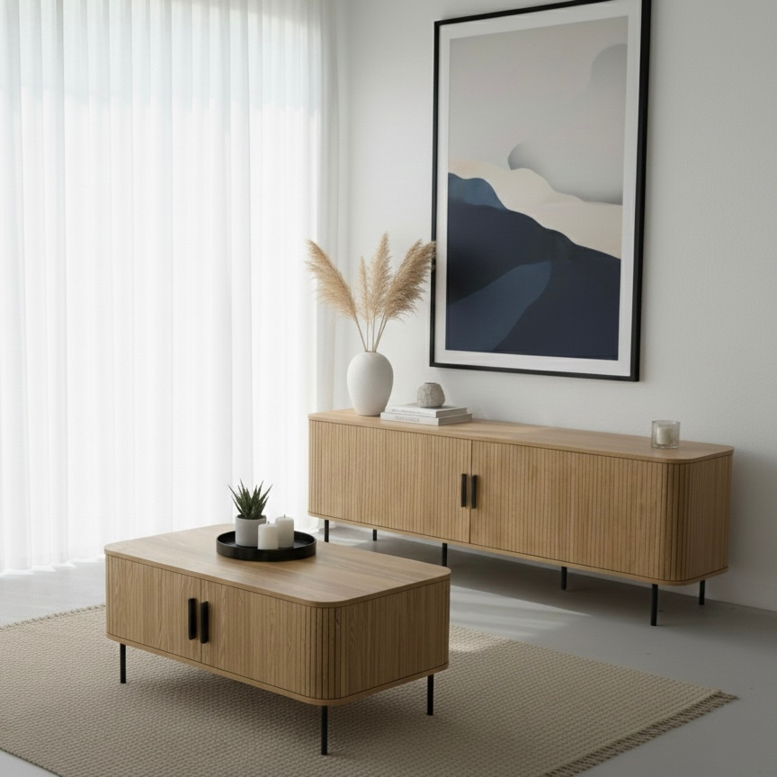 Tambour Oak 180cm TV Entertainment Unit – Tambour Doors &amp; Fluted Detail | Natural Oak - Greenora Living