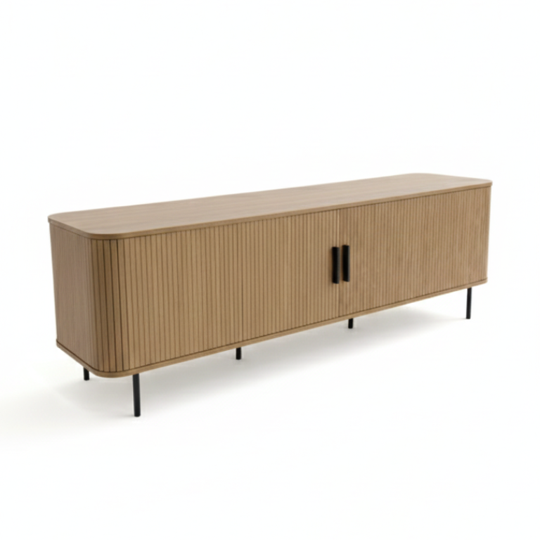 Tambour Oak 180cm TV Entertainment Unit – Tambour Doors &amp; Fluted Detail | Natural Oak - Greenora Living