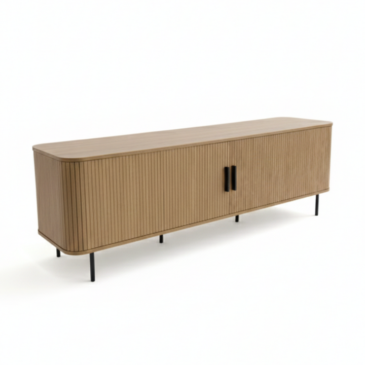 Tambour Oak 180cm TV Entertainment Unit – Tambour Doors &amp; Fluted Detail | Natural Oak - Greenora Living