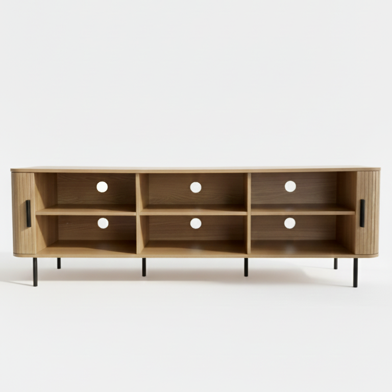 Tambour Oak 180cm TV Entertainment Unit – Tambour Doors &amp; Fluted Detail | Natural Oak - Greenora Living