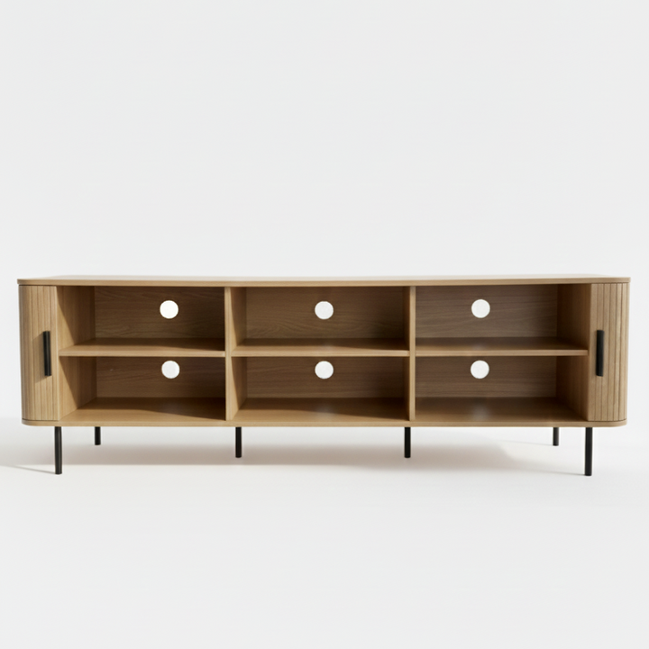 Tambour Oak 180cm TV Entertainment Unit – Tambour Doors &amp; Fluted Detail | Natural Oak - Greenora Living