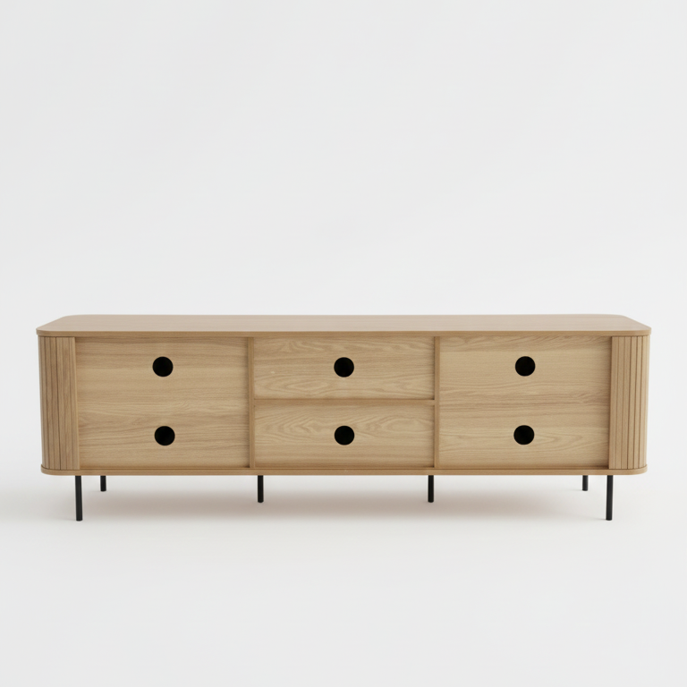 Tambour Oak 180cm TV Entertainment Unit – Tambour Doors &amp; Fluted Detail | Natural Oak - Greenora Living
