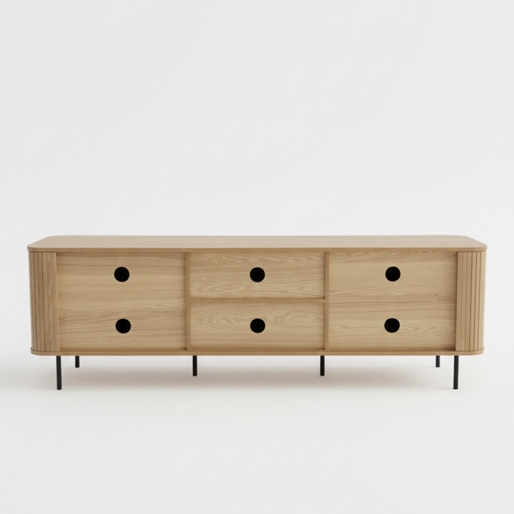 Tambour Oak 180cm TV Entertainment Unit – Tambour Doors &amp; Fluted Detail | Natural Oak - Greenora Living