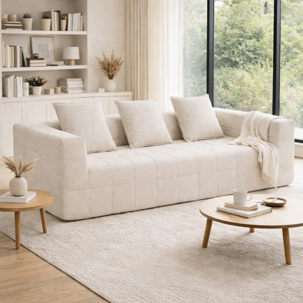 Monda 3-Seater Compressed Sofa | Beige Woven Fabric, 30D Foam & 3 Back Pillows | Greenora Living Australia