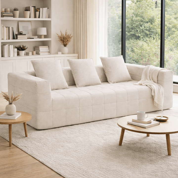 Monda 3-Seater Compressed Sofa | Beige Woven Fabric, 30D Foam &amp; 3 Back Pillows | Greenora Living Australia