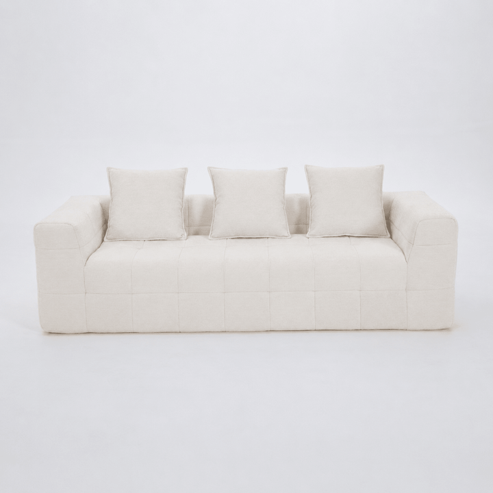 Monda 3-Seater Compressed Sofa | Beige Woven Fabric, 30D Foam &amp; 3 Back Pillows | Greenora Living Australia