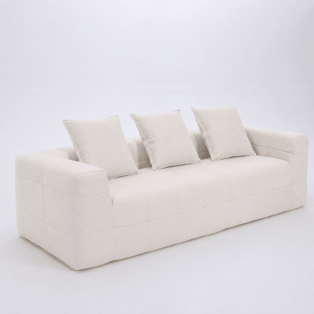 Monda 3-Seater Compressed Sofa | Beige Woven Fabric, 30D Foam &amp; 3 Back Pillows | Greenora Living Australia