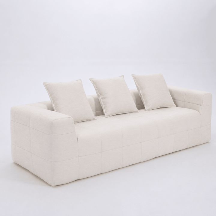 Monda 3-Seater Compressed Sofa | Beige Woven Fabric, 30D Foam &amp; 3 Back Pillows | Greenora Living Australia