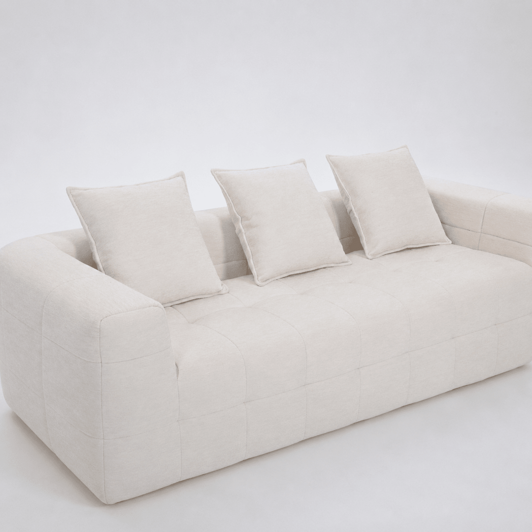 Monda 3-Seater Compressed Sofa | Beige Woven Fabric, 30D Foam &amp; 3 Back Pillows | Greenora Living Australia