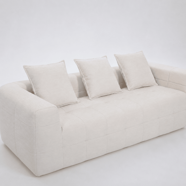 Monda 3-Seater Compressed Sofa | Beige Woven Fabric, 30D Foam &amp; 3 Back Pillows | Greenora Living Australia