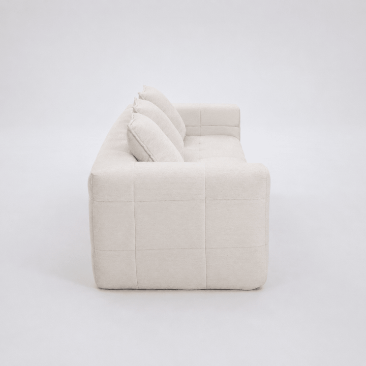 Monda 3-Seater Compressed Sofa | Beige Woven Fabric, 30D Foam &amp; 3 Back Pillows | Greenora Living Australia