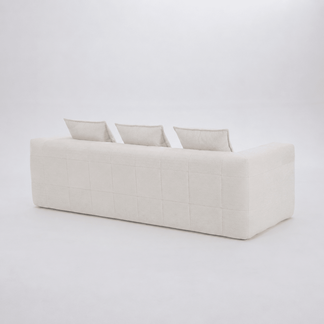 Monda 3-Seater Compressed Sofa | Beige Woven Fabric, 30D Foam &amp; 3 Back Pillows | Greenora Living Australia