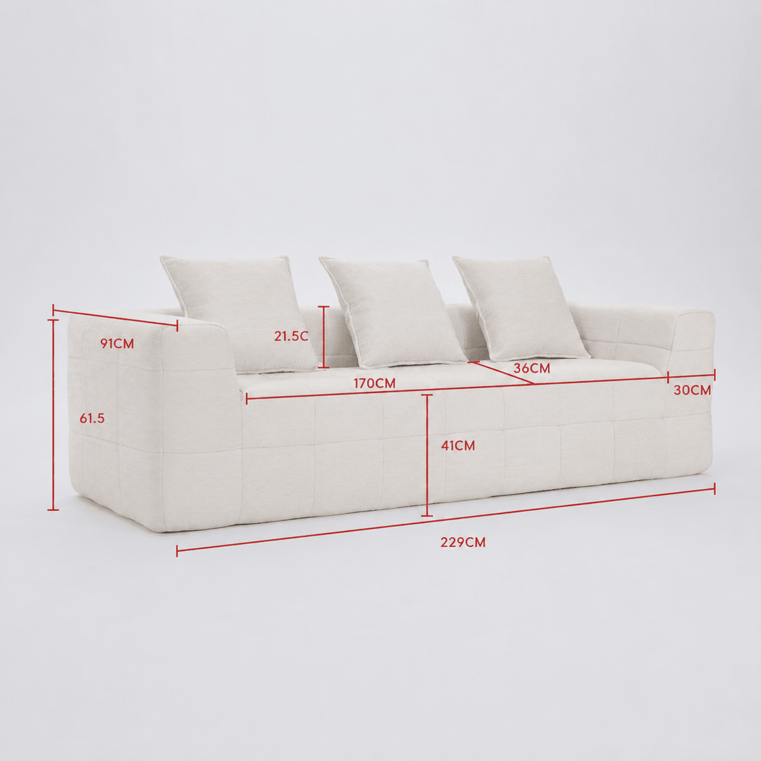 Monda 3-Seater Compressed Sofa | Beige Woven Fabric, 30D Foam &amp; 3 Back Pillows | Greenora Living Australia