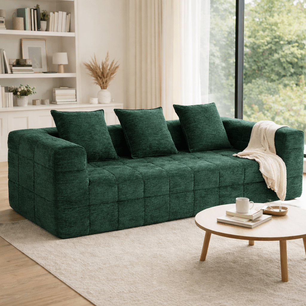 Monda 3-Seater Compressed Sofa | Woven Fabric, 30D Foam & 3 Back Pillows | Beige, Grey, Green | Greenora Living Australia