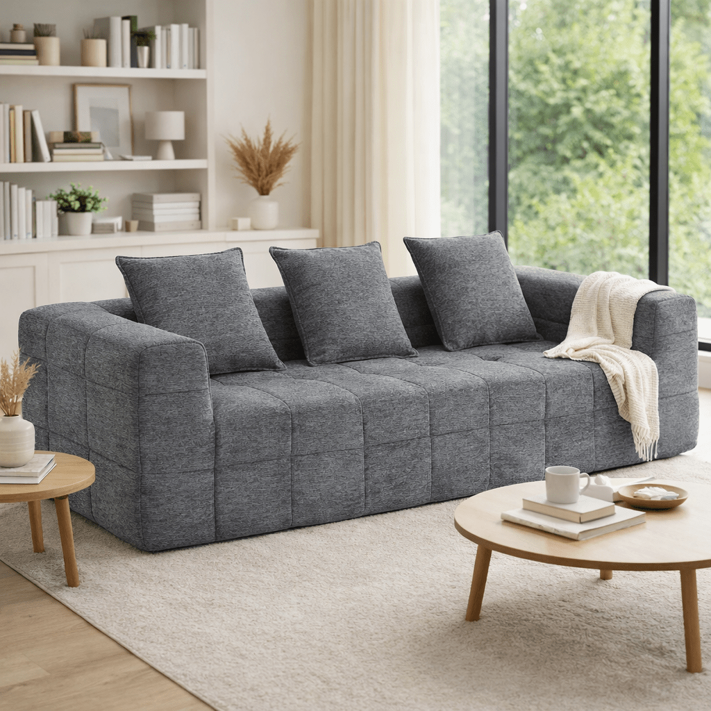 Monda 3-Seater Compressed Sofa | Grey Woven Fabric, 30D Foam & 3 Back Pillows | Greenora Living Australia