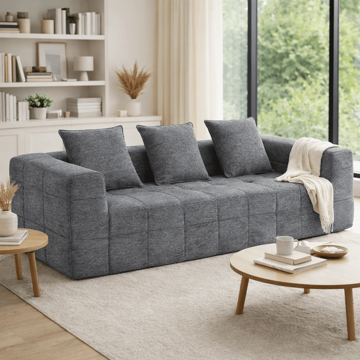 Monda 3-Seater Compressed Sofa | Grey Woven Fabric, 30D Foam &amp; 3 Back Pillows | Greenora Living Australia