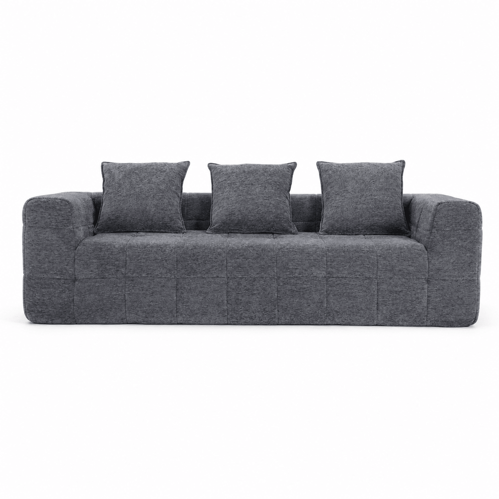 Monda 3-Seater Compressed Sofa | Grey Woven Fabric, 30D Foam & 3 Back Pillows | Greenora Living Australia