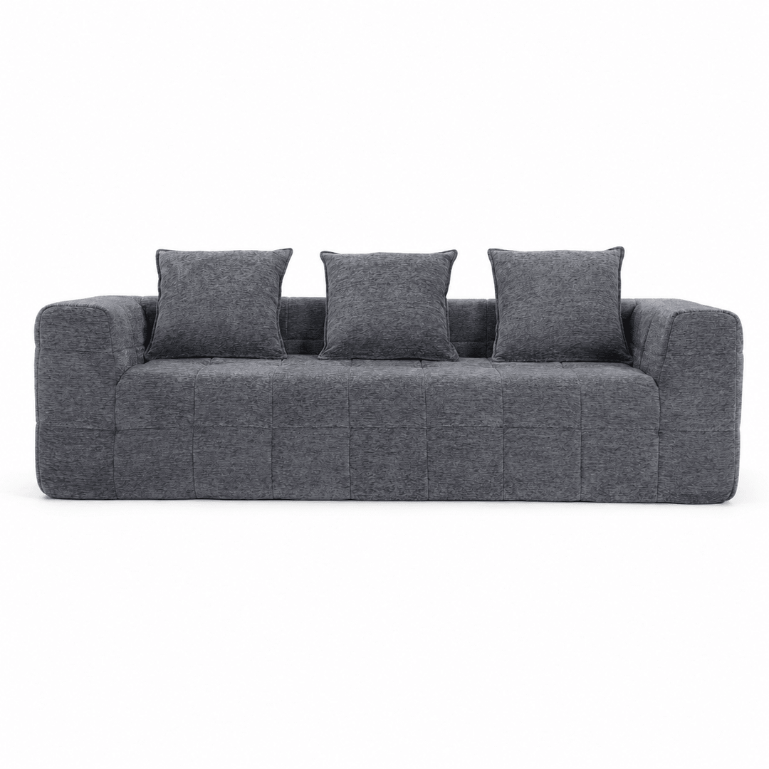 Monda 3-Seater Compressed Sofa | Grey Woven Fabric, 30D Foam &amp; 3 Back Pillows | Greenora Living Australia