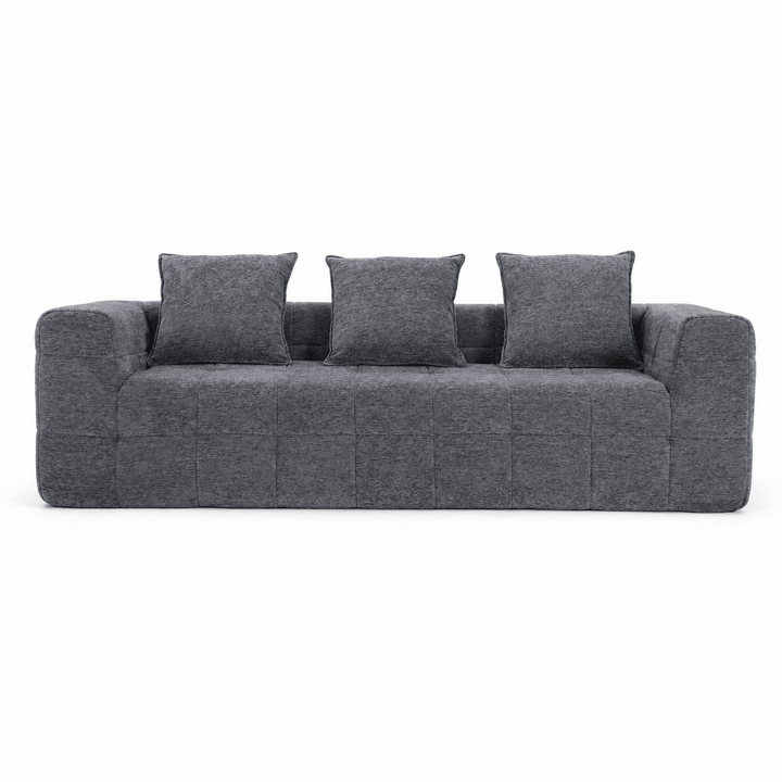 Monda 3-Seater Compressed Sofa | Grey Woven Fabric, 30D Foam &amp; 3 Back Pillows | Greenora Living Australia