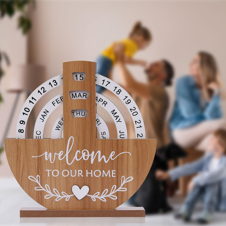 Wooden Perpetual Desk Calendar with Rotating Blocks – Welcome to Our Home - Greenora Living