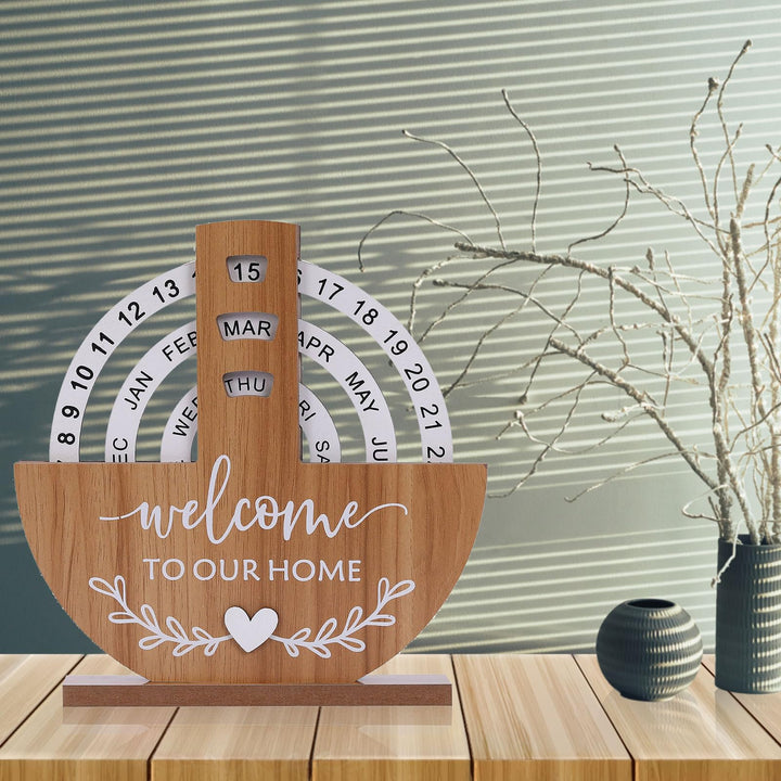 Wooden Perpetual Desk Calendar with Rotating Blocks – Welcome to Our Home - Greenora Living