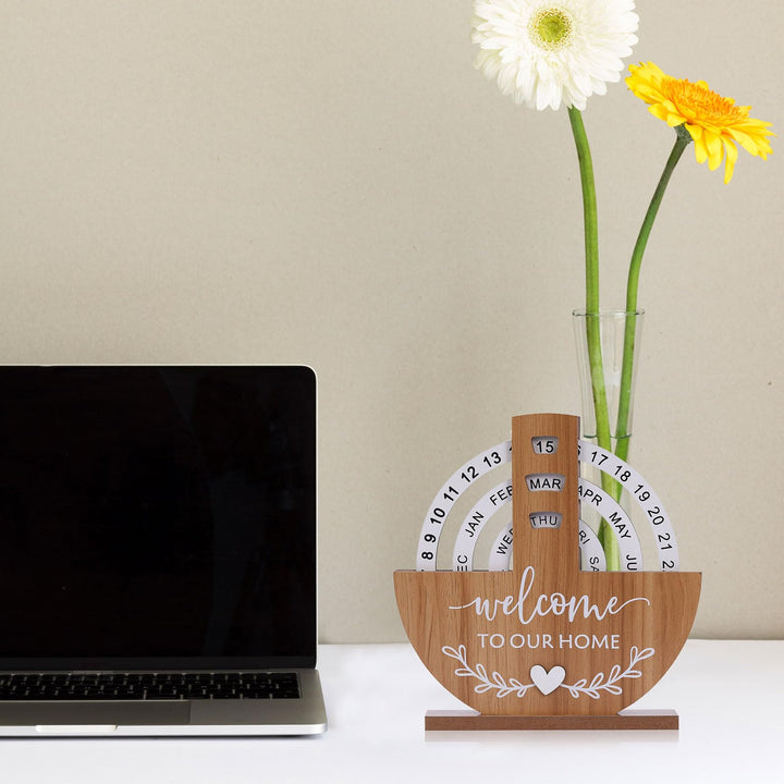 Wooden Perpetual Desk Calendar with Rotating Blocks – Welcome to Our Home - Greenora Living