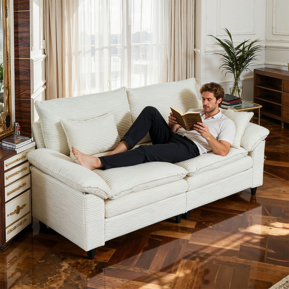 Sora 2-Seater Minimalist Sofa | White Corduroy, High-Resilience Foam &amp; Removable Covers | Greenora Living Australia