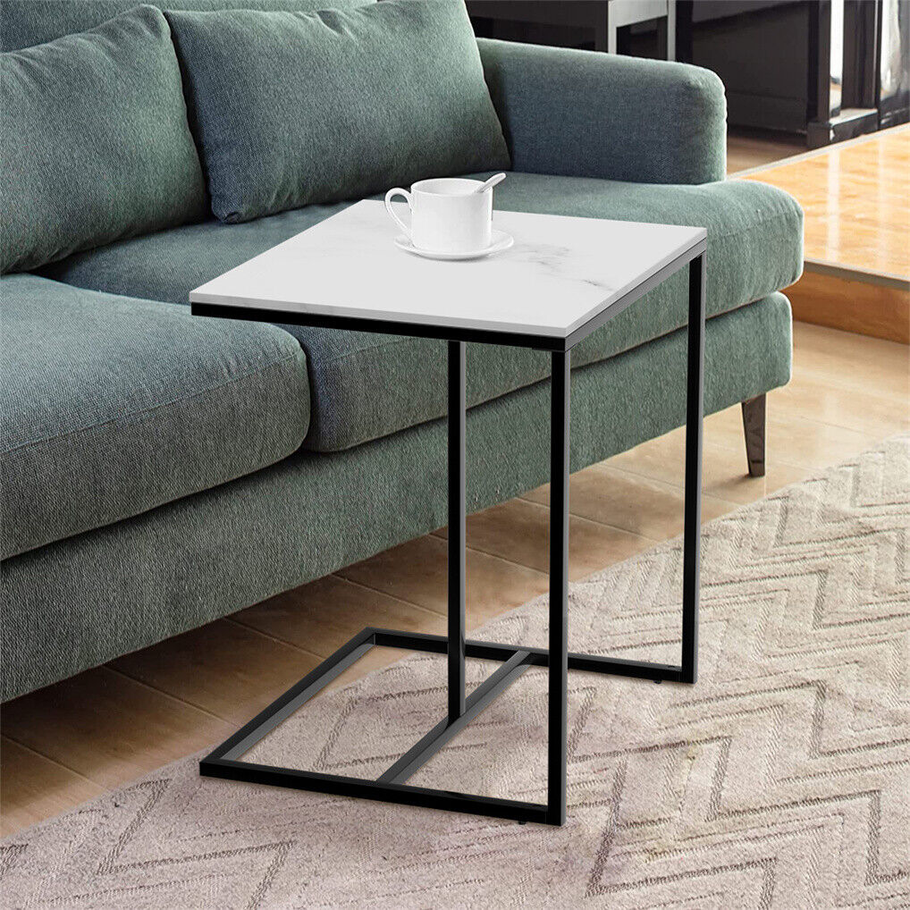 Marble-Look C-Shape Side Table – Sintered Stone Top & Black Metal Legs - Greenora Living