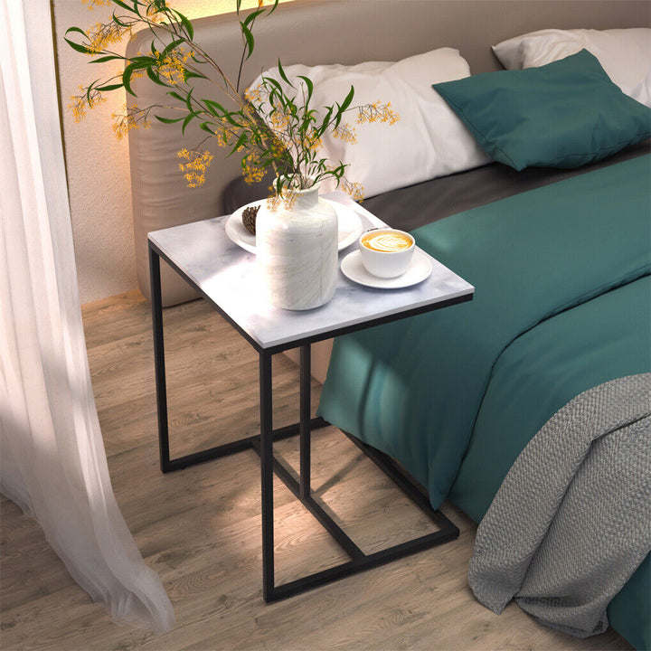 Marble-Look C-Shape Side Table – Sintered Stone Top &amp; Black Metal Legs - Greenora Living