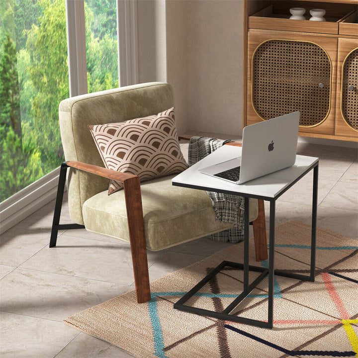 Marble-Look C-Shape Side Table – Sintered Stone Top &amp; Black Metal Legs - Greenora Living