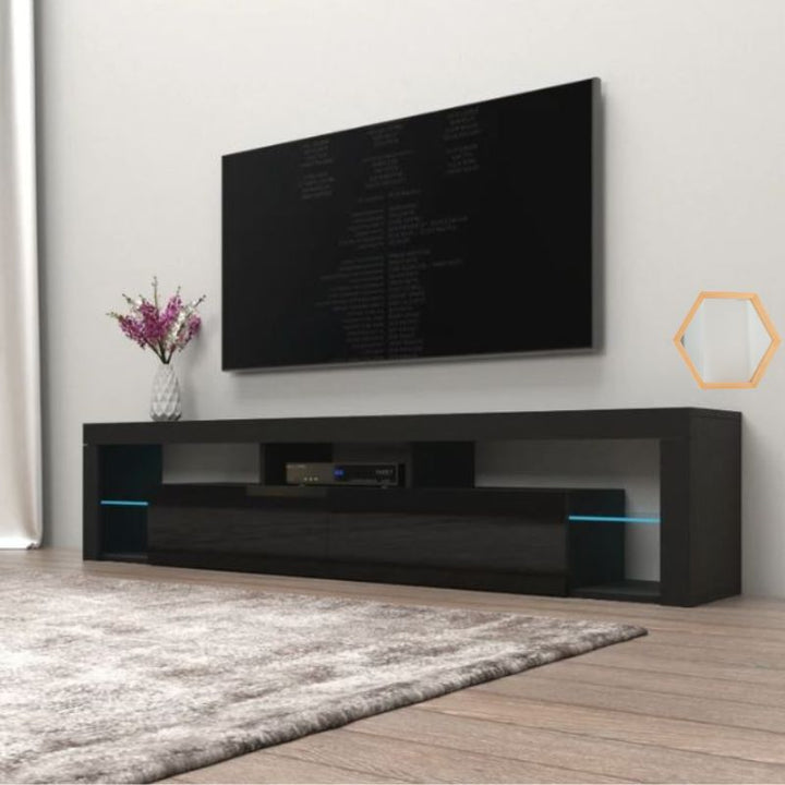 Eclipse Black 200cm LED TV Entertainment Unit – Tempered Glass Shelves | Black High Gloss - Greenora Living