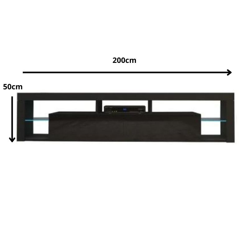 Eclipse Black 200cm LED TV Entertainment Unit – Tempered Glass Shelves | Black High Gloss - Greenora Living