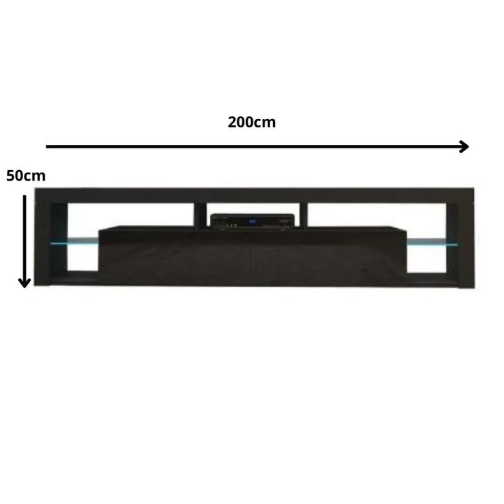 Eclipse Black 200cm LED TV Entertainment Unit – Tempered Glass Shelves | Black High Gloss - Greenora Living