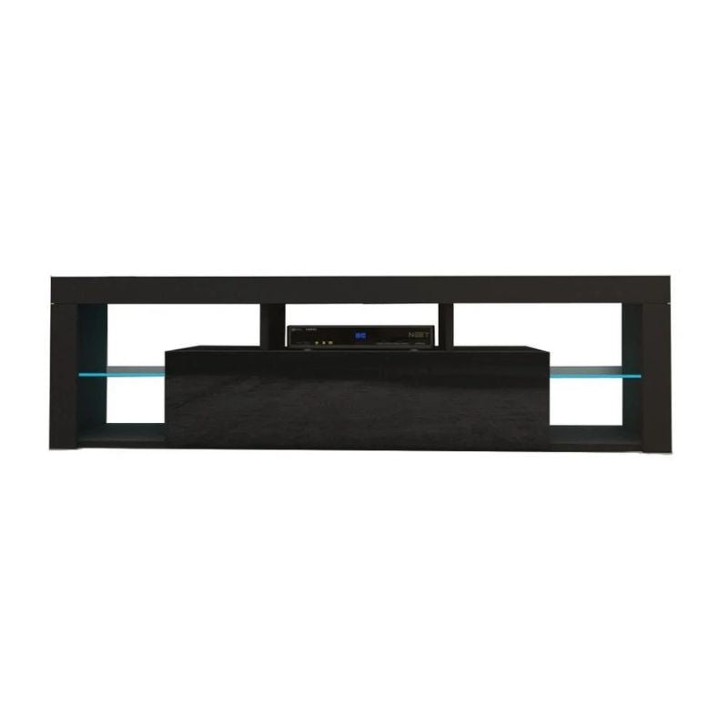 Eclipse Black 200cm LED TV Entertainment Unit – Tempered Glass Shelves | Black High Gloss - Greenora Living