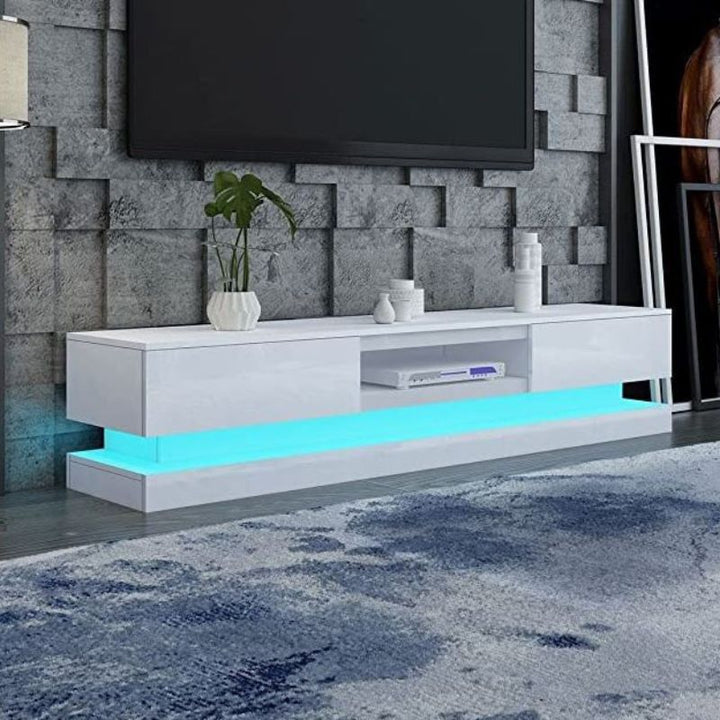 Aurora White 220cm RGB LED TV Entertainment Unit – Soft-Close Drawers | White High Gloss - Greenora Living